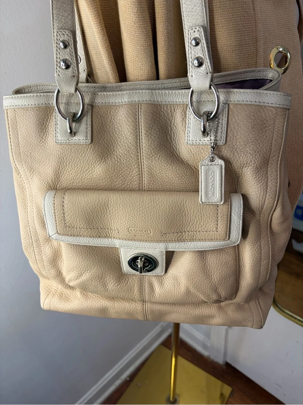 Vintage Coach Penelope Beige Leather Tote Shoulder Bag with Cream School Bag